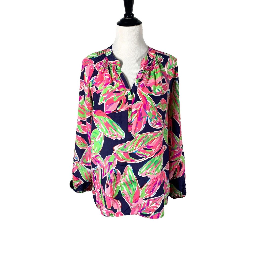 Lilly Pulitzer Elsa Silk Top Blouse In The Vias Pink Lime Green Navy Print M